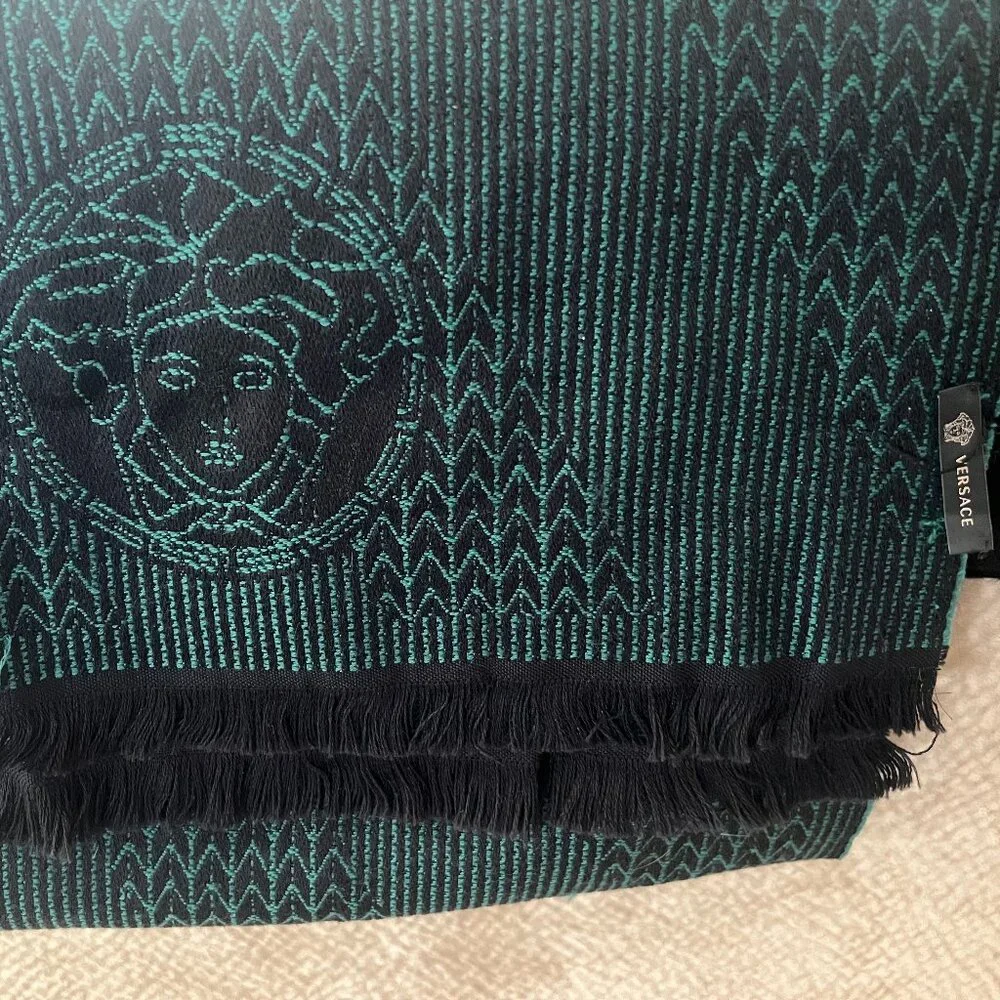 Versace Green Black Medusa Scarf Fringe Men's Women's